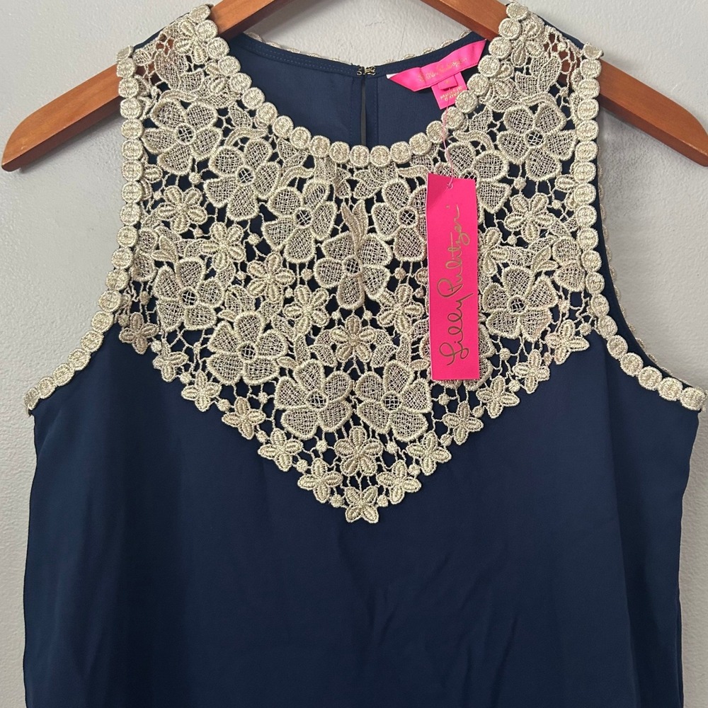 Lilly Pulitzer Nala Soft Shift Dress Womens 4 True Navy Gold Lace Trim NWT